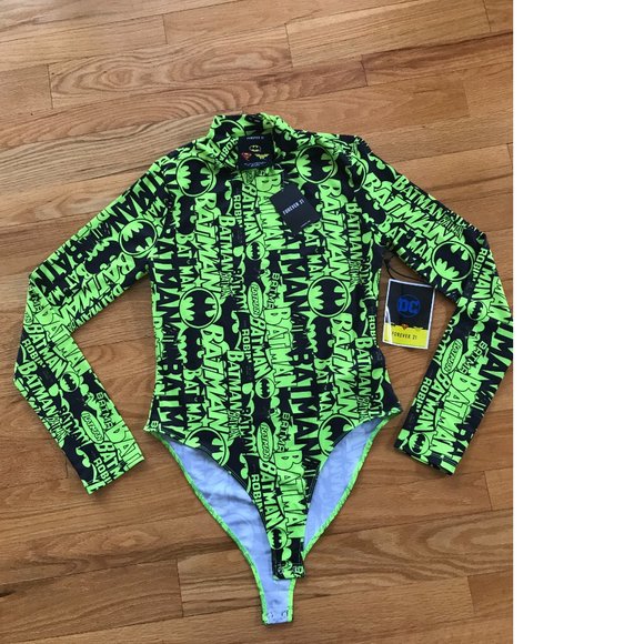 F21 DC Comics trendy lime green neon yellow black bodysuit  Batman Superman NWT - Picture 4 of 7